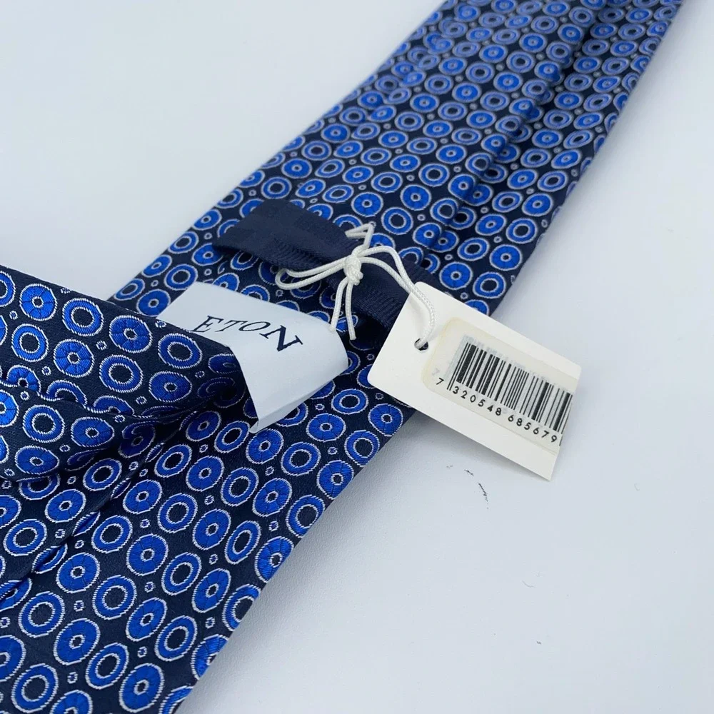Eton Tie Mens‎ One Size Navy Blue Circle Print Silk Classic Necktie Italy Made